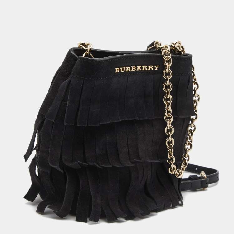 Pre Owned Burberry Black Suede Mini Fringe Bucket Bag