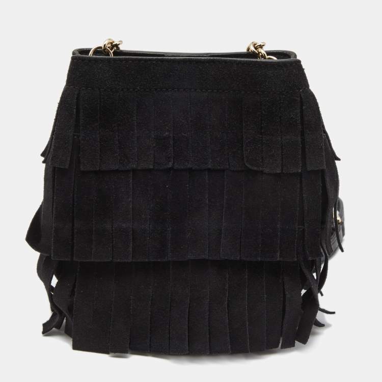 Pre Owned Burberry Black Suede Mini Fringe Bucket Bag