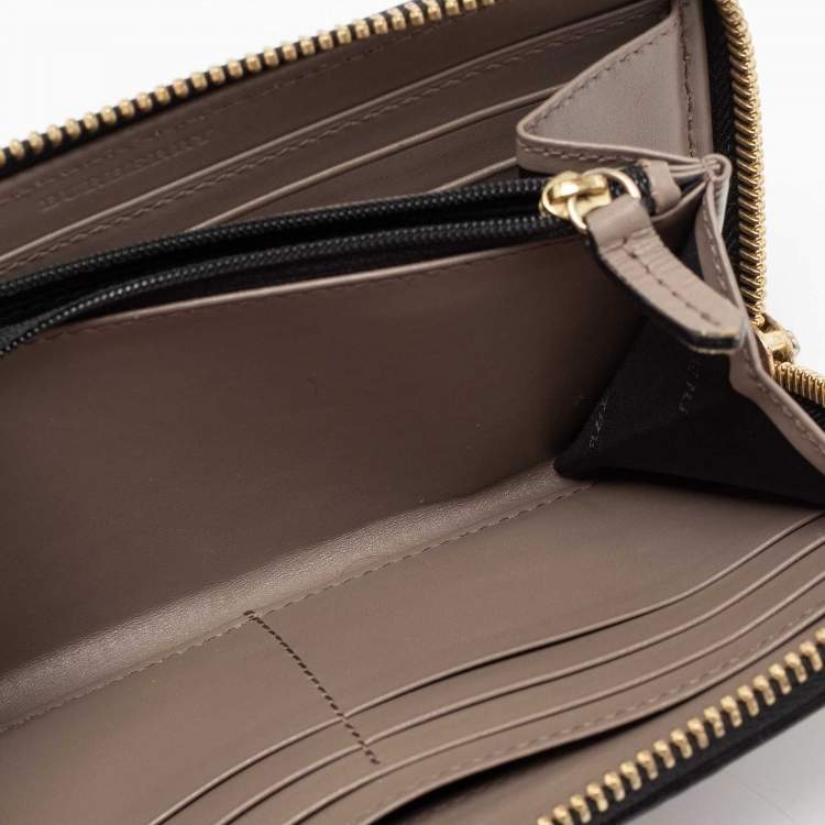 Pre Owned Burberry Dark Beige Leather Zip Around Wallet