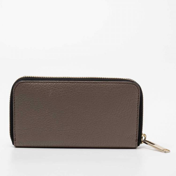 Pre Owned Burberry Dark Beige Leather Zip Around Wallet