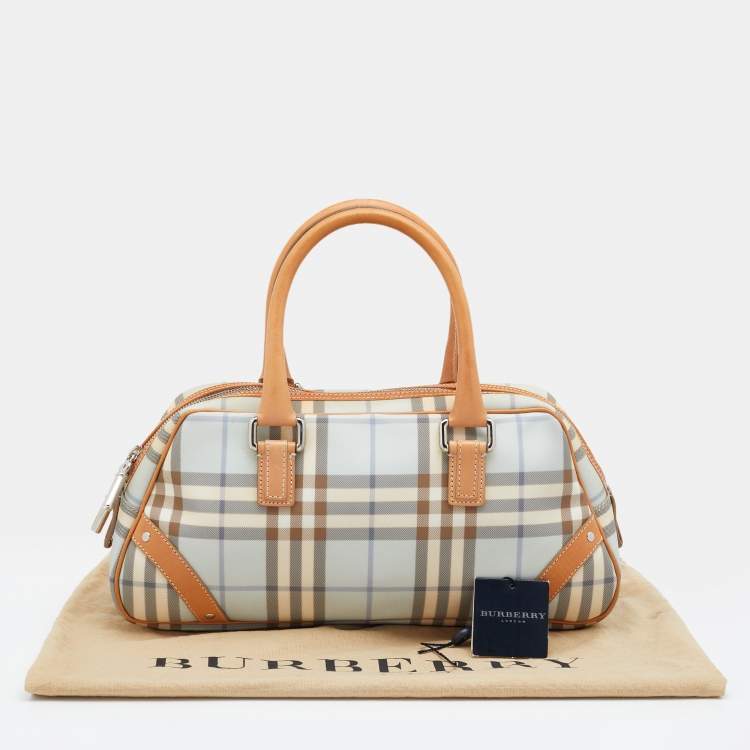 Pre Owned Burberry Light Blue/Tan House Check PVC and Leather Satchel
