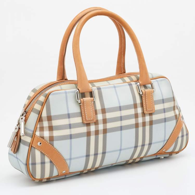 Pre Owned Burberry Light Blue/Tan House Check PVC and Leather Satchel