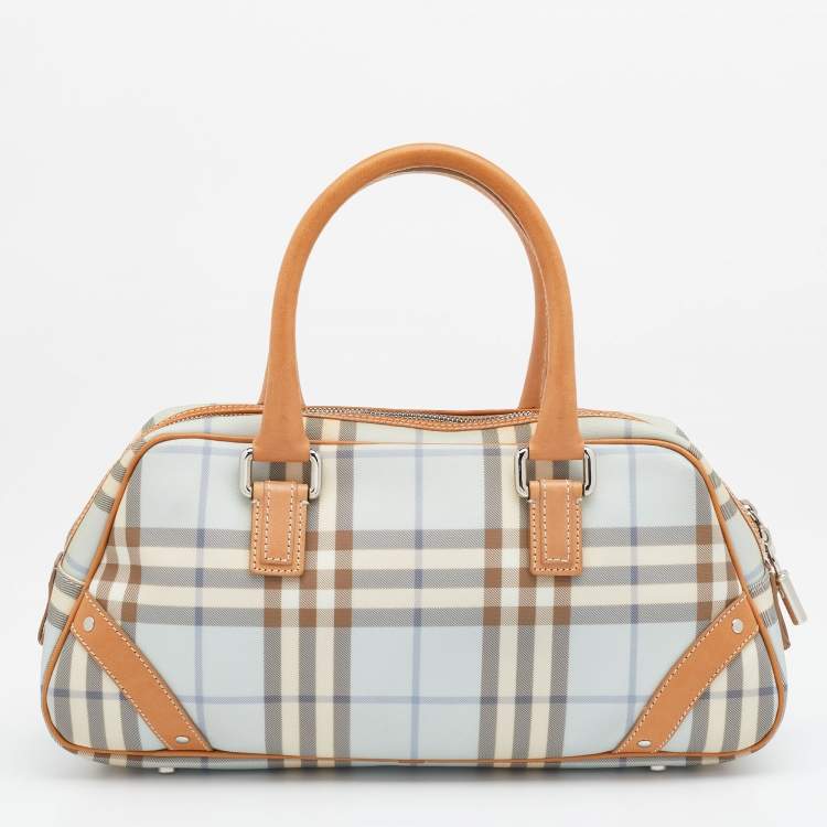Pre Owned Burberry Light Blue/Tan House Check PVC and Leather Satchel