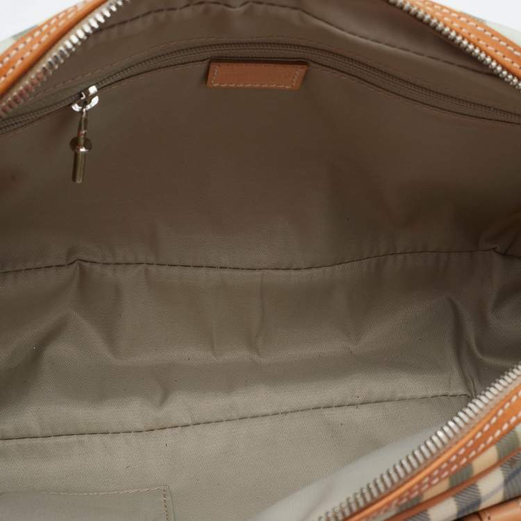 Pre Owned Burberry Light Blue/Tan House Check PVC and Leather Satchel
