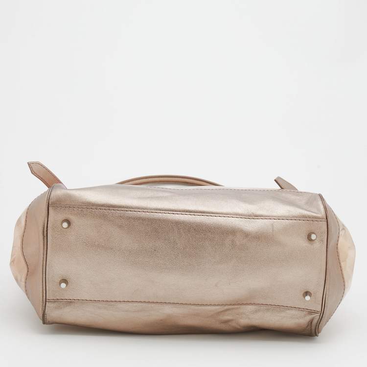 Pre Owned Burberry Metallic Beige Exploded Check PVC and Leather Tote