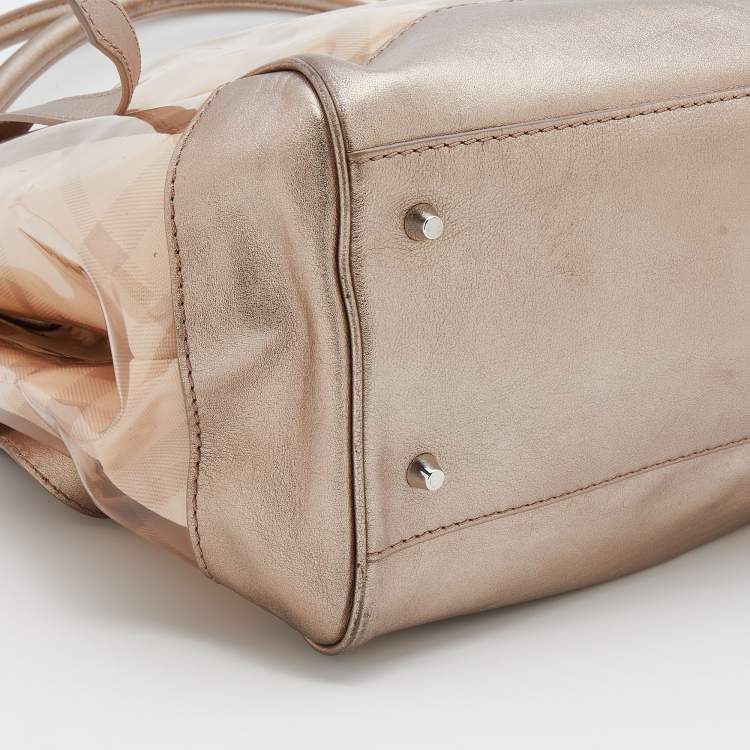 Pre Owned Burberry Metallic Beige Exploded Check PVC and Leather Tote