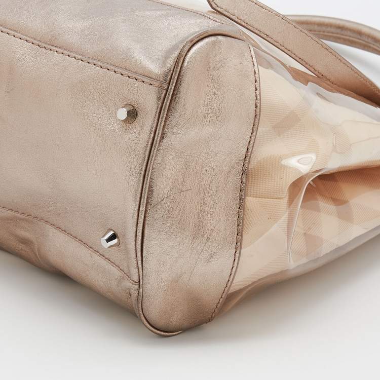 Pre Owned Burberry Metallic Beige Exploded Check PVC and Leather Tote