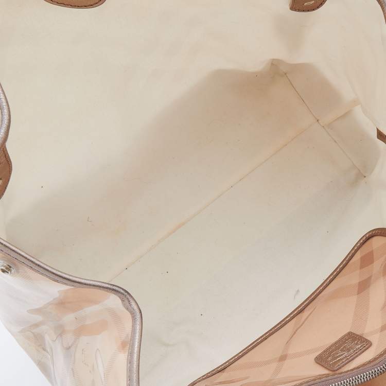 Pre Owned Burberry Metallic Beige Exploded Check PVC and Leather Tote