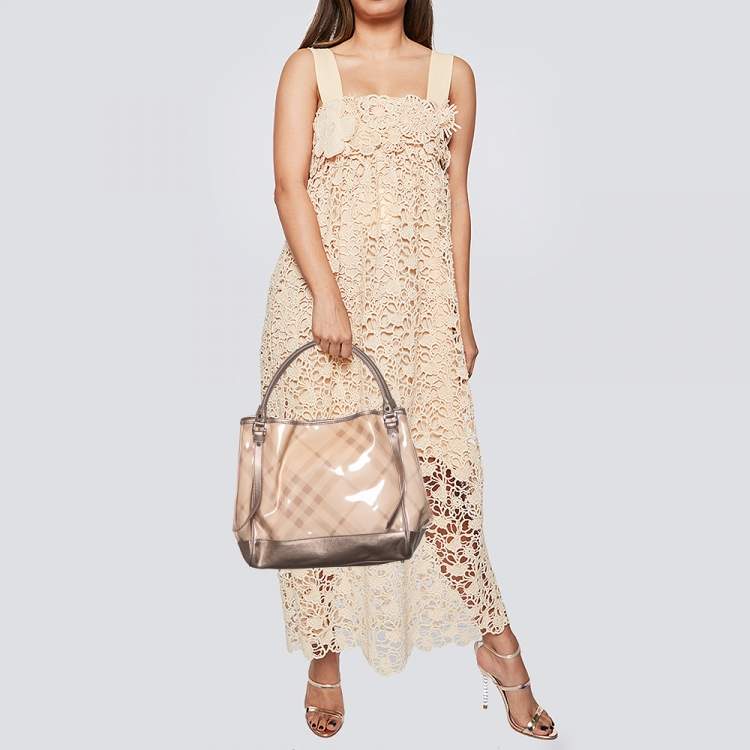 Pre Owned Burberry Metallic Beige Exploded Check PVC and Leather Tote