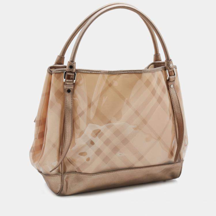 Pre Owned Burberry Metallic Beige Exploded Check PVC and Leather Tote
