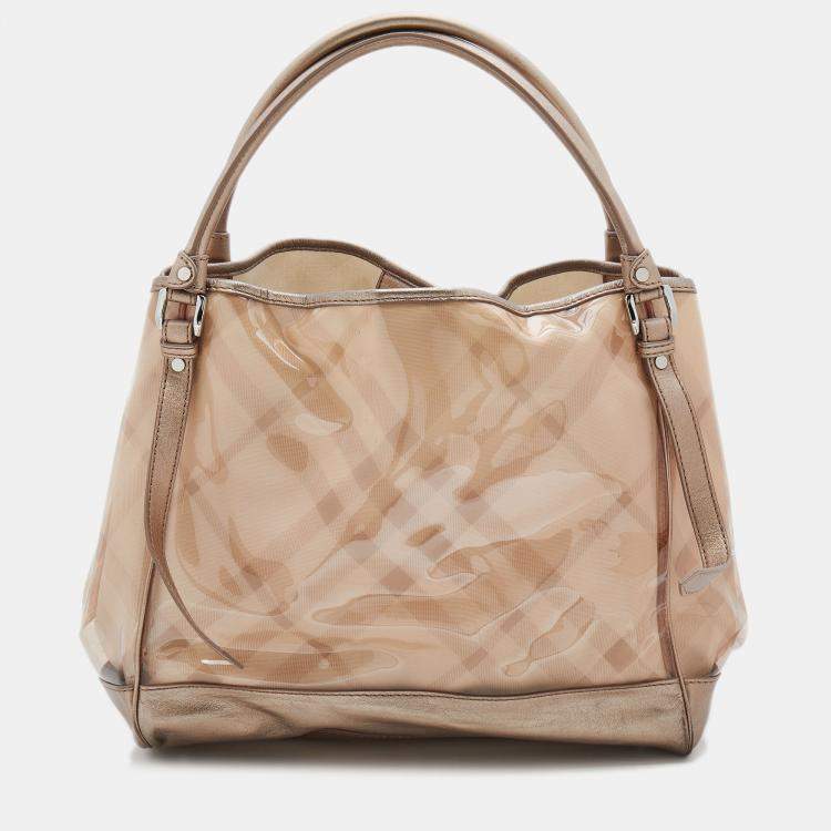 Pre Owned Burberry Metallic Beige Exploded Check PVC and Leather Tote