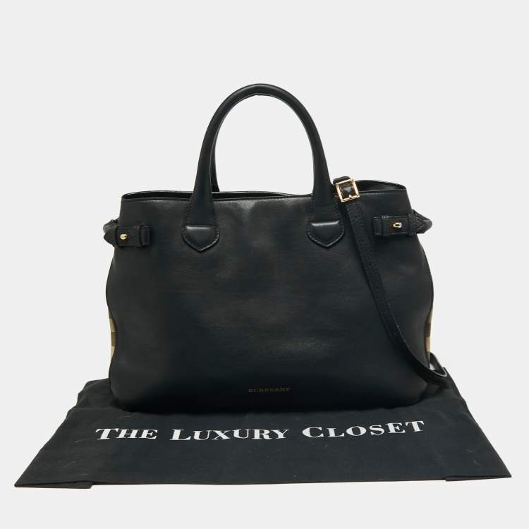 Pre Owned Burberry Black/Beige Leather And House Check Canvas Medium Banner Tote