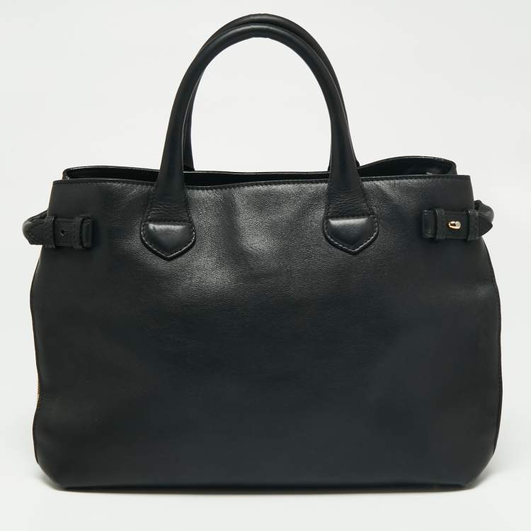 Pre Owned Burberry Black/Beige Leather And House Check Canvas Medium Banner Tote