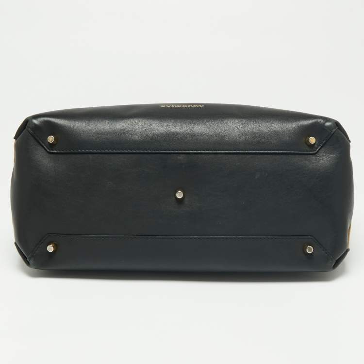 Pre Owned Burberry Black/Beige Leather And House Check Canvas Medium Banner Tote