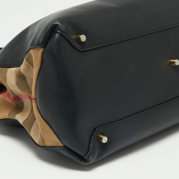 Pre Owned Burberry Black/Beige Leather And House Check Canvas Medium Banner Tote