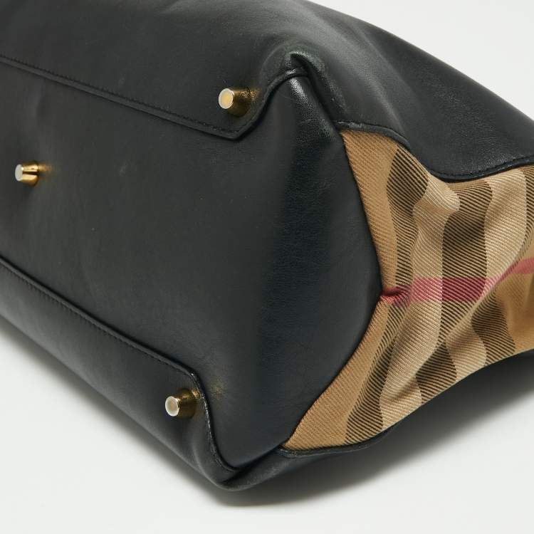 Pre Owned Burberry Black/Beige Leather And House Check Canvas Medium Banner Tote