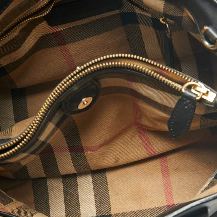 Pre Owned Burberry Black/Beige Leather And House Check Canvas Medium Banner Tote