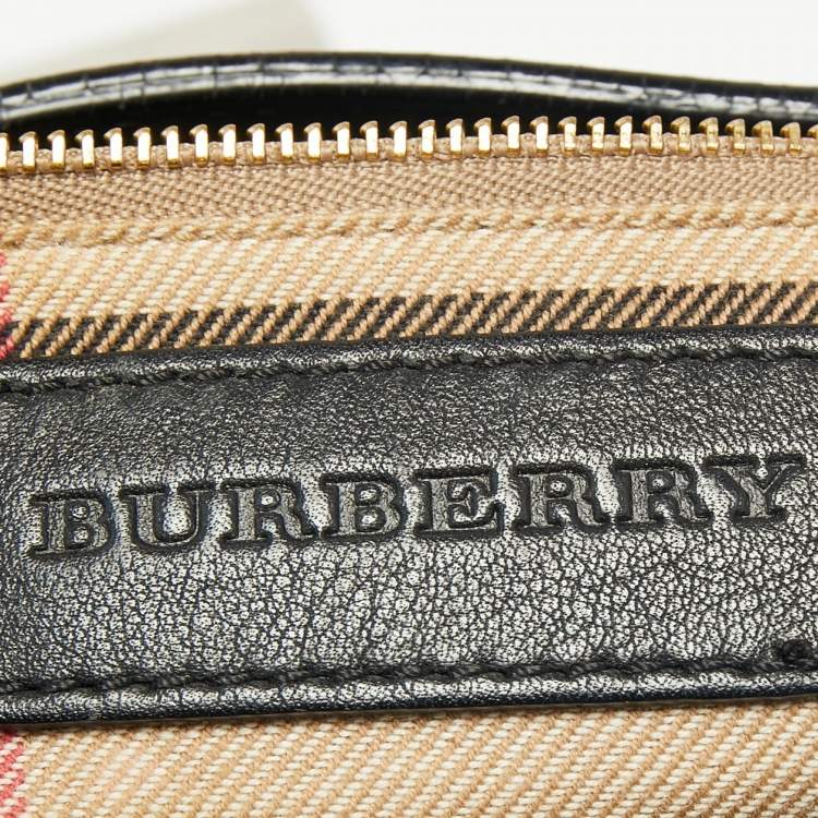 Pre Owned Burberry Black/Beige Leather And House Check Canvas Medium Banner Tote