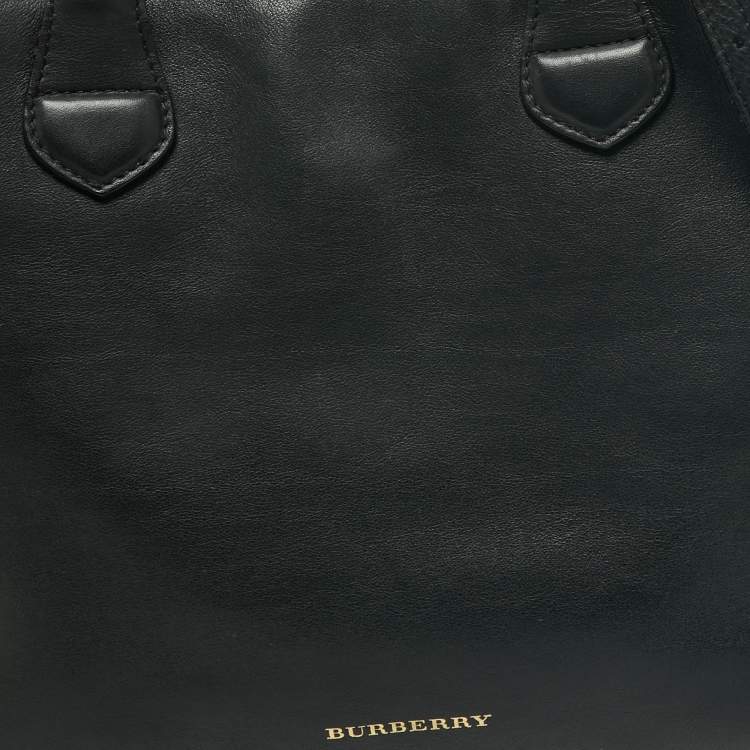 Pre Owned Burberry Black/Beige Leather And House Check Canvas Medium Banner Tote