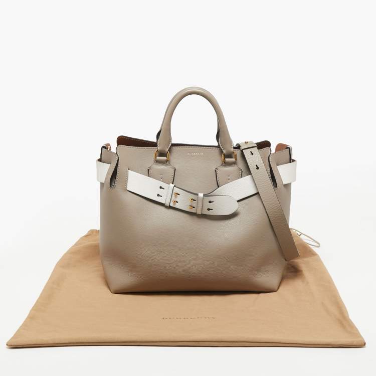 Pre Owned Burberry Grey/White Grained Leather Medium Belt Tote