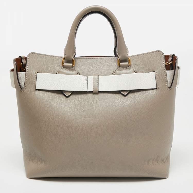Pre Owned Burberry Grey/White Grained Leather Medium Belt Tote