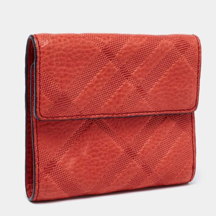 Pre Owned Burberry Red Leather Trifold Compact Wallet