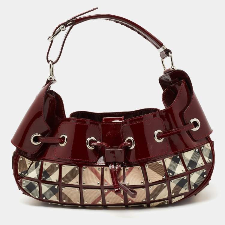 Pre Owned Burberry Beige/Burgundy Super Nova Check Mini Warrior Studded Hobo
