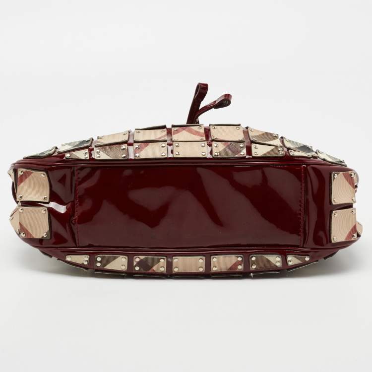 Pre Owned Burberry Beige/Burgundy Super Nova Check Mini Warrior Studded Hobo