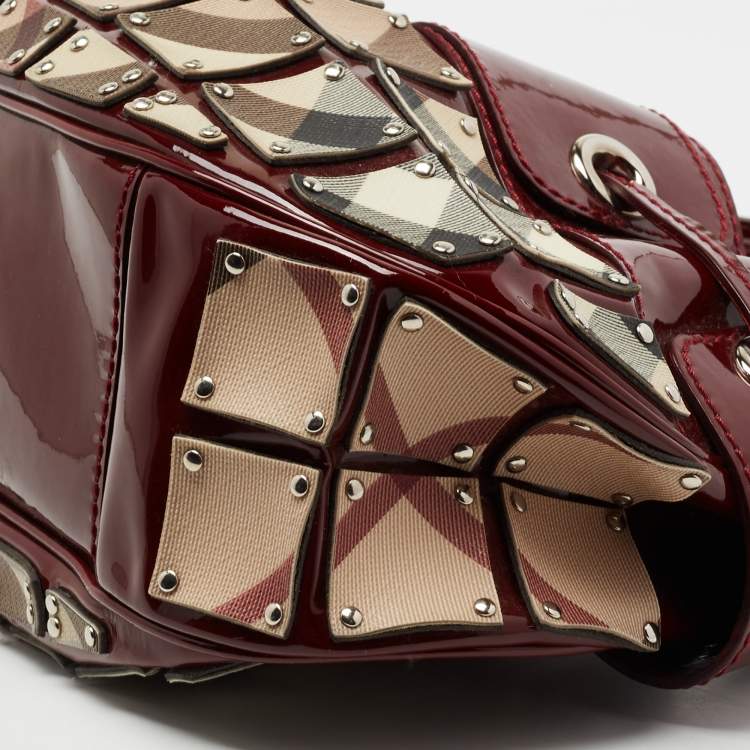 Pre Owned Burberry Beige/Burgundy Super Nova Check Mini Warrior Studded Hobo