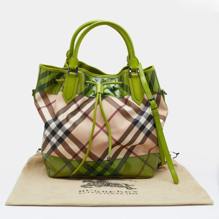 Pre Owned Burberry Beige/Green PVC and Patent Leather Drawstring Tote