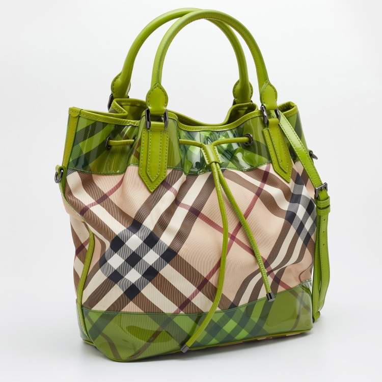 Pre Owned Burberry Beige/Green PVC and Patent Leather Drawstring Tote