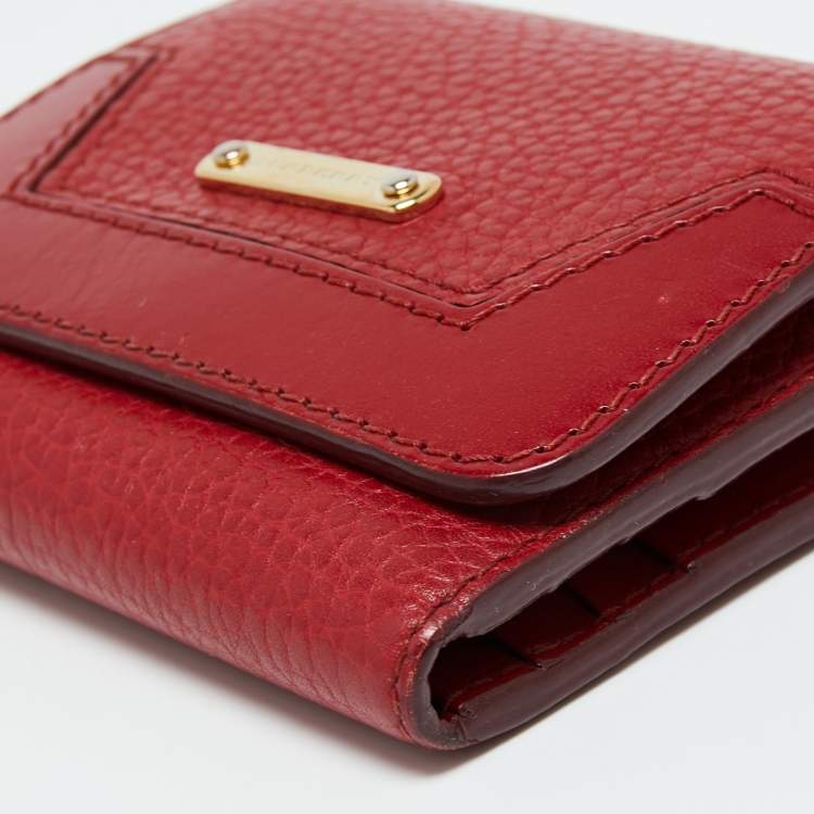 Pre Owned Burberry Red Leather Logo Trifold Compact Wallet