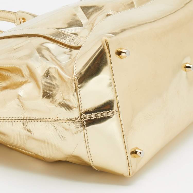 Pre Owned Burberry Metallic Gold Beat Check Mirror Patent Leather Ember Tote