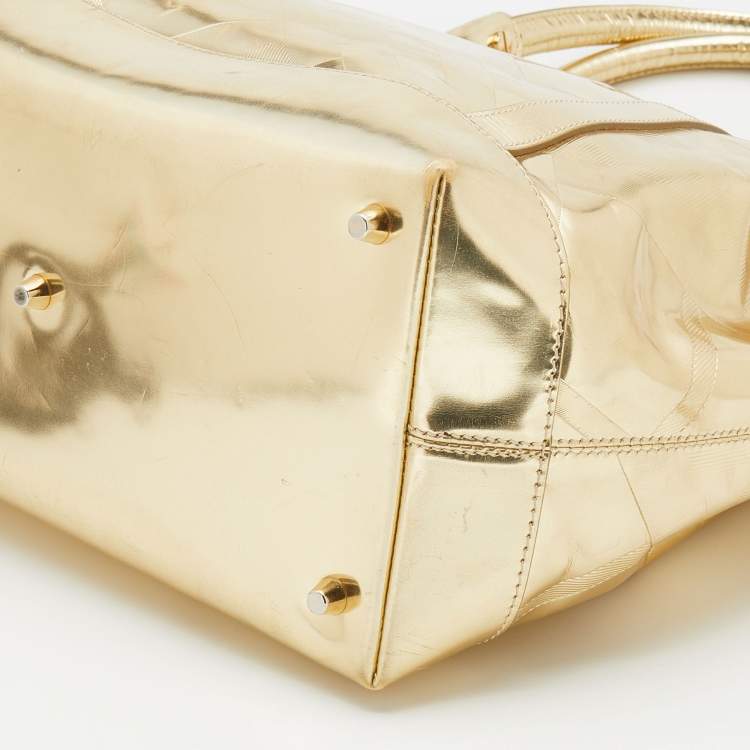 Pre Owned Burberry Metallic Gold Beat Check Mirror Patent Leather Ember Tote