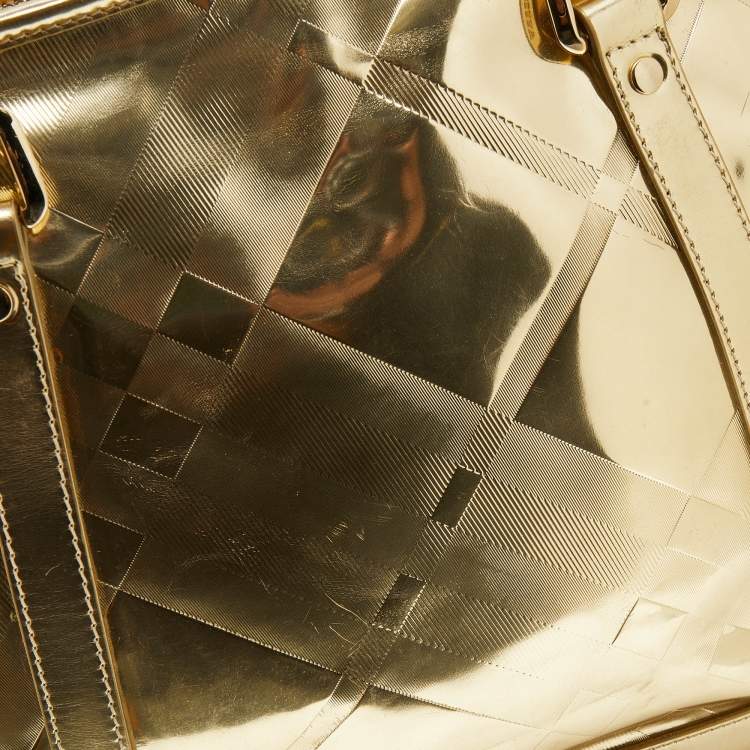 Pre Owned Burberry Metallic Gold Beat Check Mirror Patent Leather Ember Tote