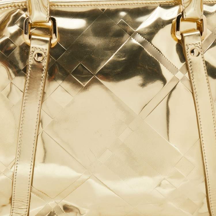Pre Owned Burberry Metallic Gold Beat Check Mirror Patent Leather Ember Tote