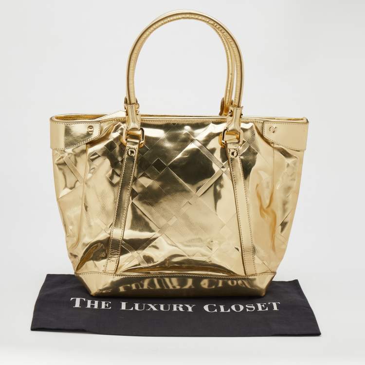 Pre Owned Burberry Metallic Gold Beat Check Mirror Patent Leather Ember Tote