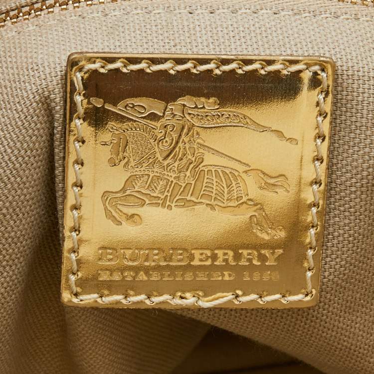 Pre Owned Burberry Metallic Gold Beat Check Mirror Patent Leather Ember Tote