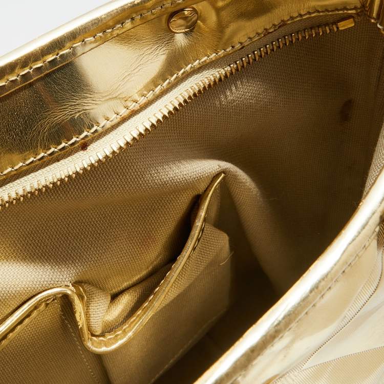 Pre Owned Burberry Metallic Gold Beat Check Mirror Patent Leather Ember Tote