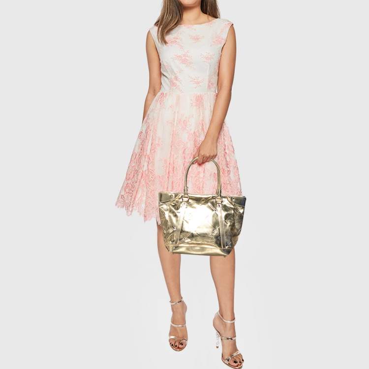 Pre Owned Burberry Metallic Gold Beat Check Mirror Patent Leather Ember Tote