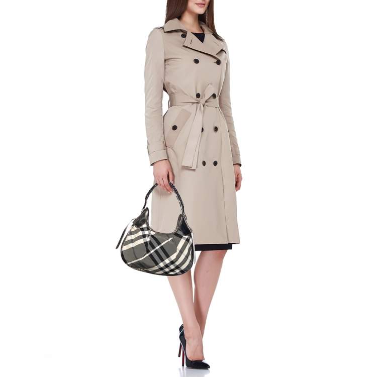 Pre Owned Burberry Grey/Metallic Beat Check Nylon and Patent Leather Small Brooklyn Hobo