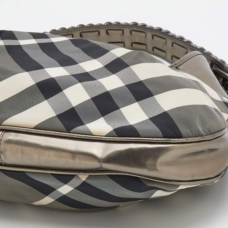 Pre Owned Burberry Grey/Metallic Beat Check Nylon and Patent Leather Small Brooklyn Hobo