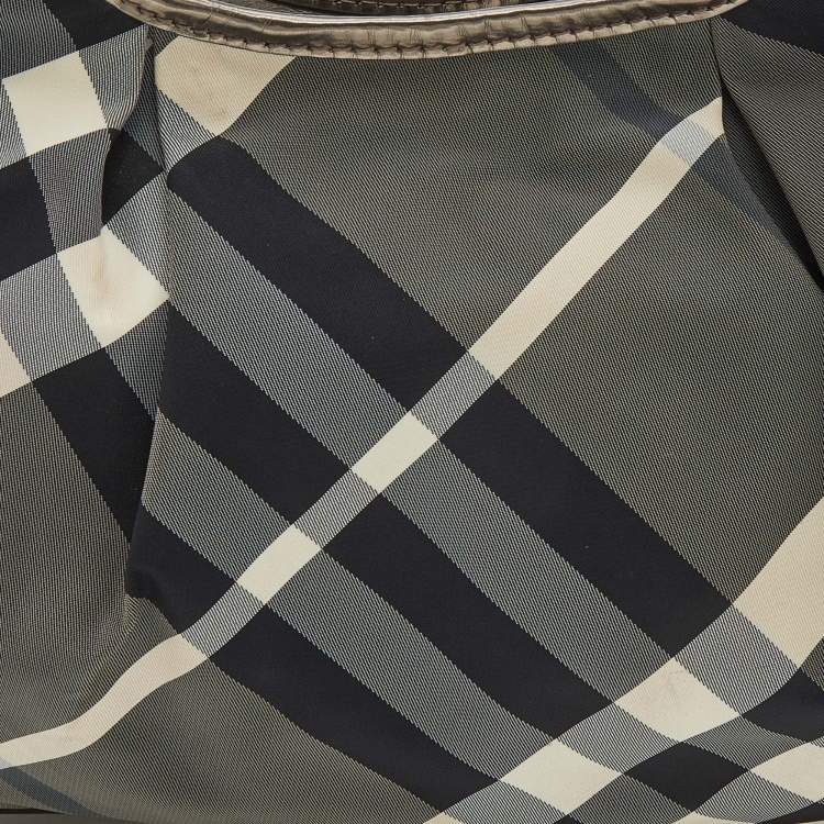 Pre Owned Burberry Grey/Metallic Beat Check Nylon and Patent Leather Small Brooklyn Hobo