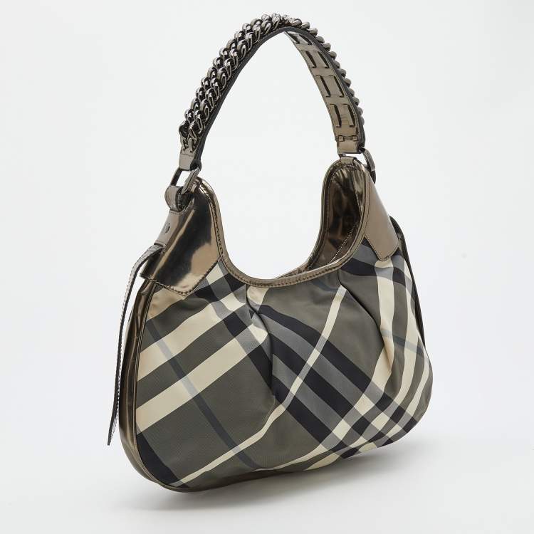 Pre Owned Burberry Grey/Metallic Beat Check Nylon and Patent Leather Small Brooklyn Hobo