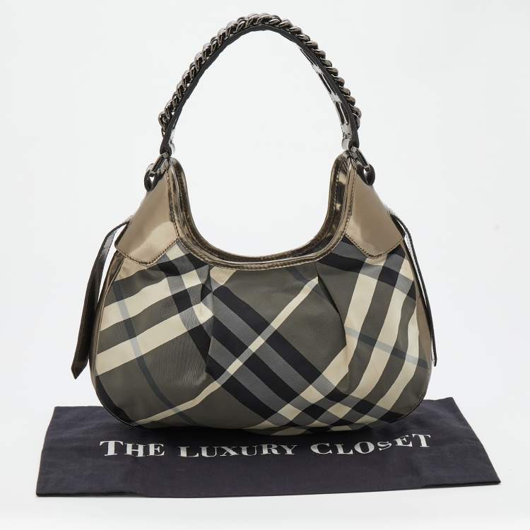 Pre Owned Burberry Grey/Metallic Beat Check Nylon and Patent Leather Small Brooklyn Hobo