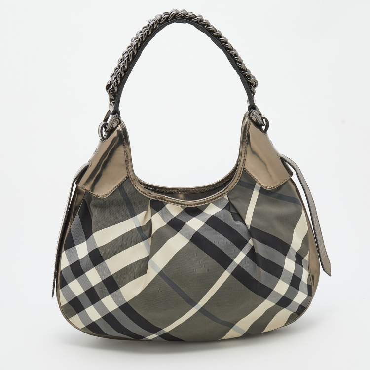 Pre Owned Burberry Grey/Metallic Beat Check Nylon and Patent Leather Small Brooklyn Hobo
