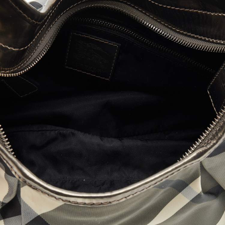 Pre Owned Burberry Grey/Metallic Beat Check Nylon and Patent Leather Small Brooklyn Hobo