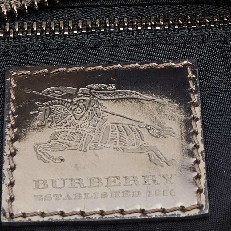 Pre Owned Burberry Grey/Metallic Beat Check Nylon and Patent Leather Small Brooklyn Hobo
