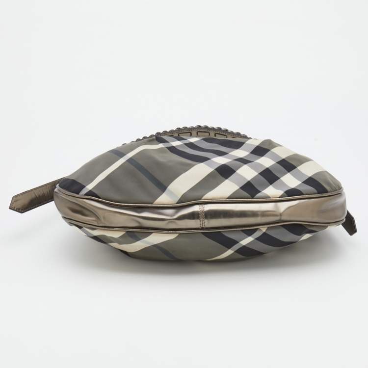 Pre Owned Burberry Grey/Metallic Beat Check Nylon and Patent Leather Small Brooklyn Hobo