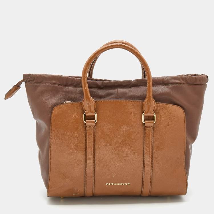 Pre Owned Burberry Brown/Tan Patent and Leather Drawstring Tote